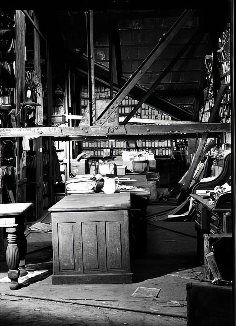 Cluttered attic space, 1936.