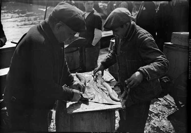 Fulton Fish Market: Fish peddler selling sand shark, 1938