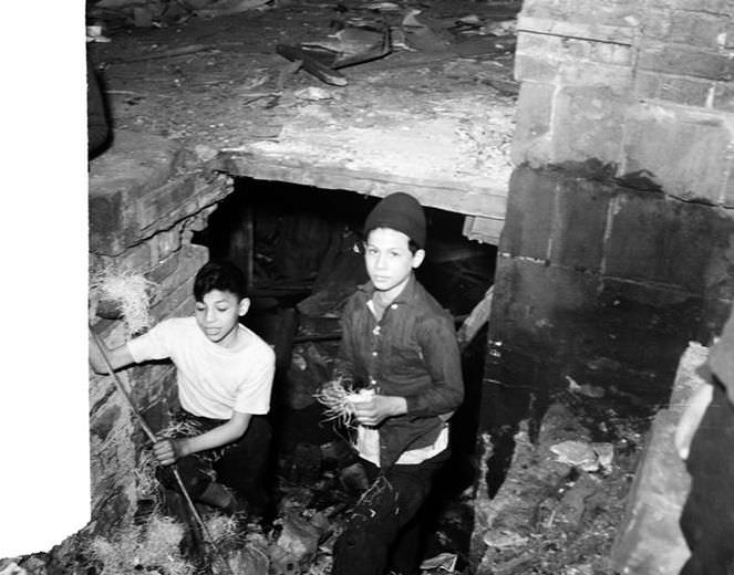 Boys in cellar ruins, 1935.