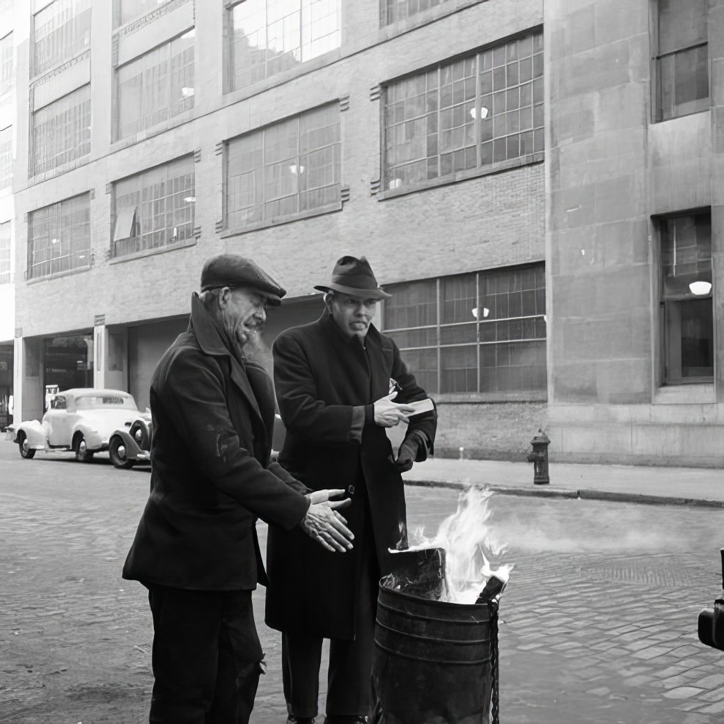 Men warming hands at burning trash can, 1940.