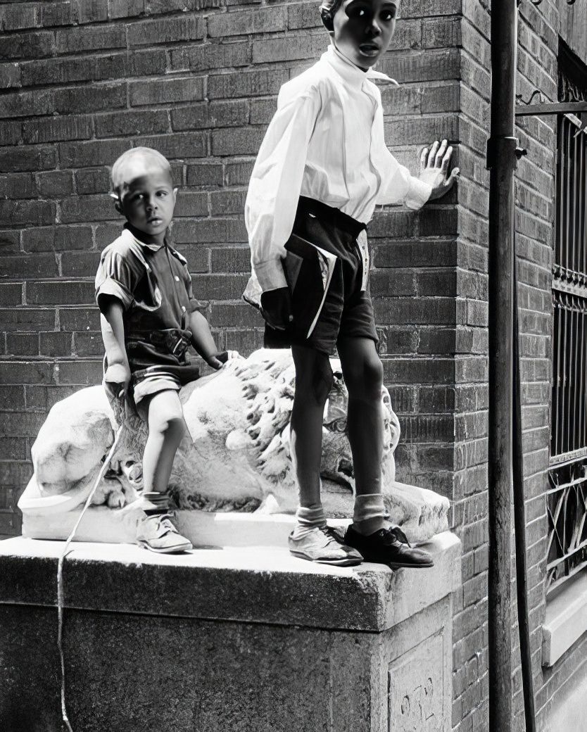 Two boys on lion monument, 1939.