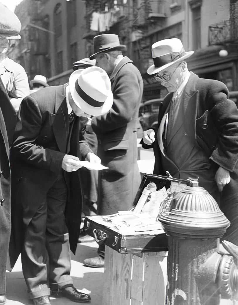 Selling goods, circa 1935.