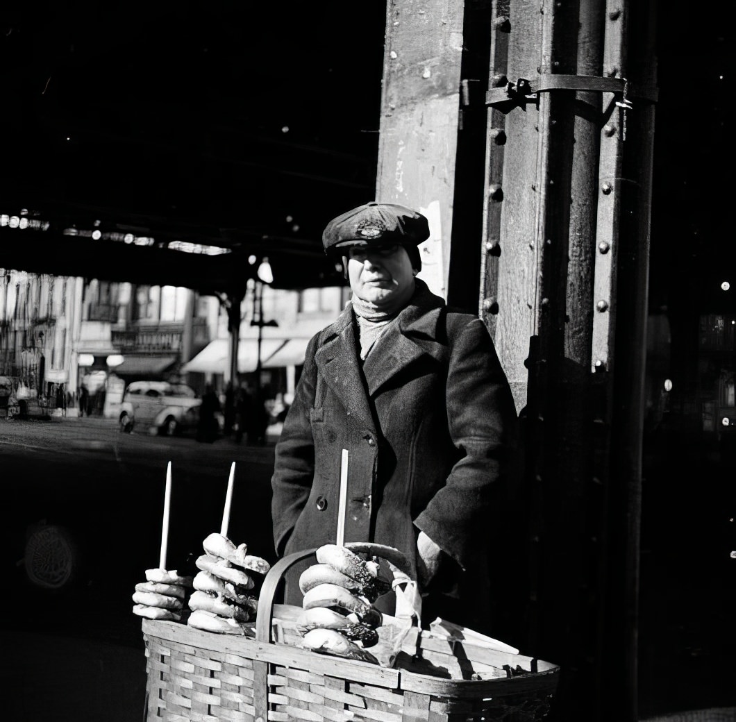 Pretzels on First Avenue and 14th Street, circa 1935.