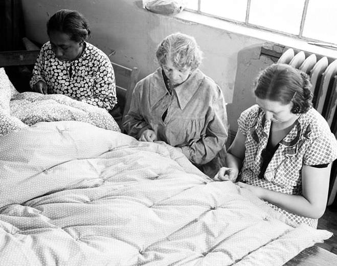 Quilting on 10th Avenue and 36th Street, 1937.