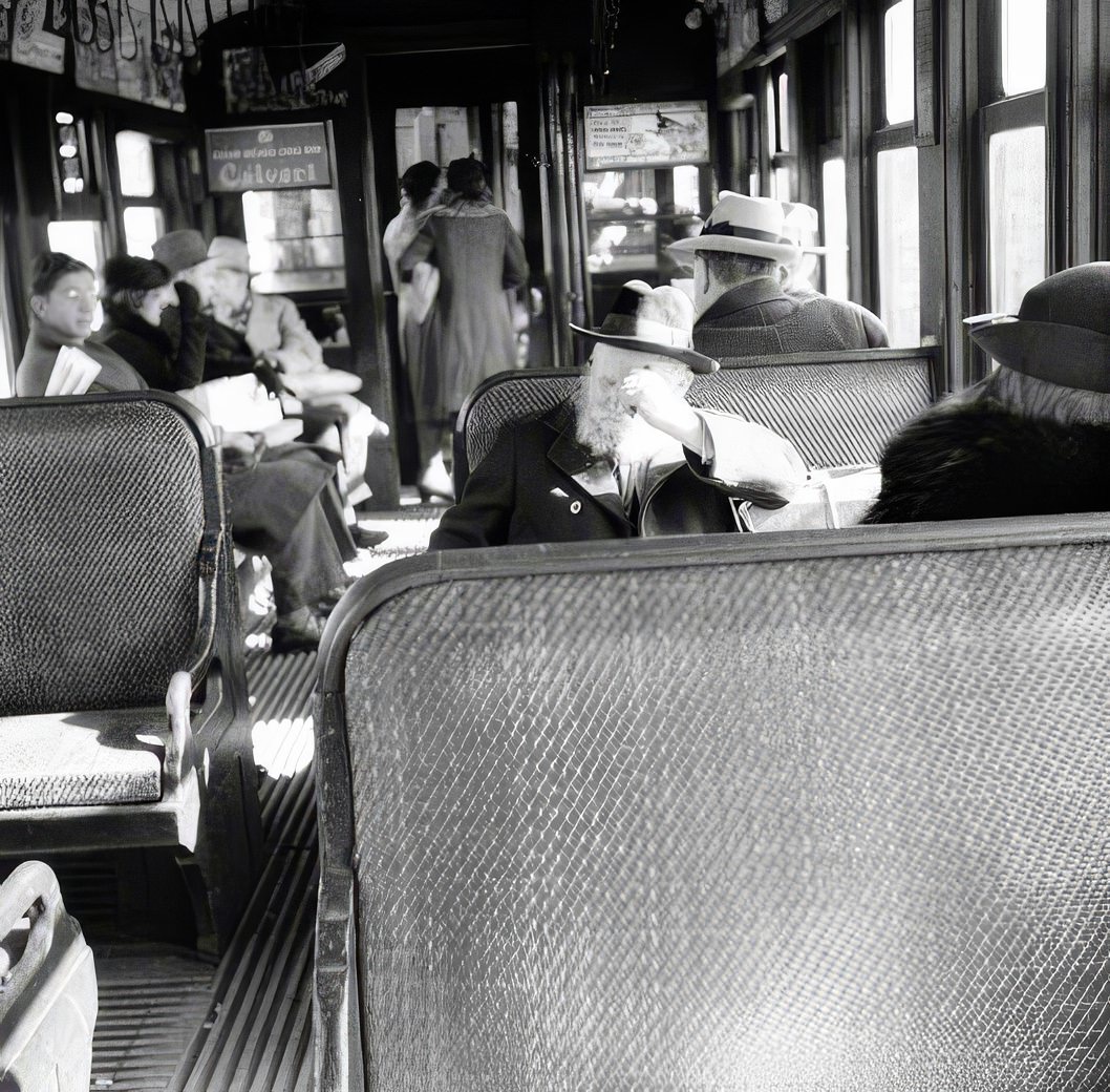 Waterfront scene: passengers on the elevated train, May 1937.