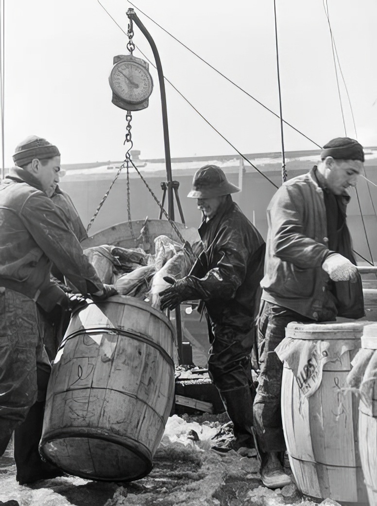 Fulton Fish Market: unloading fish, 1938.