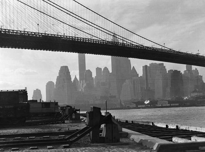 Manhattan from under the Brooklyn Bridge, 1936.