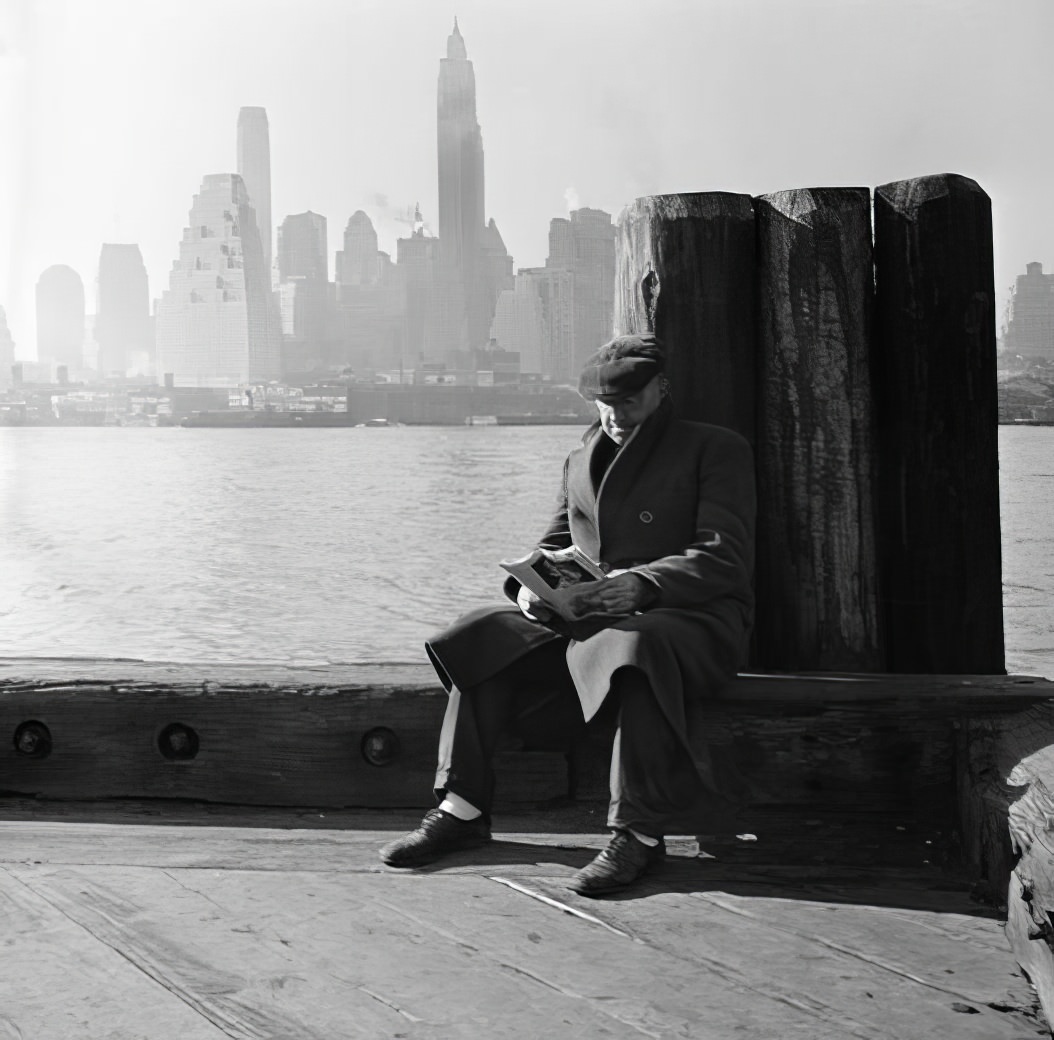 Waterfront scene: man reading on the dock, May 1937.