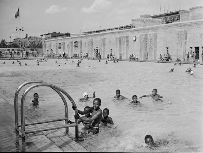 Children swimming in Colonial Park Olympic-sized pool, 1940.