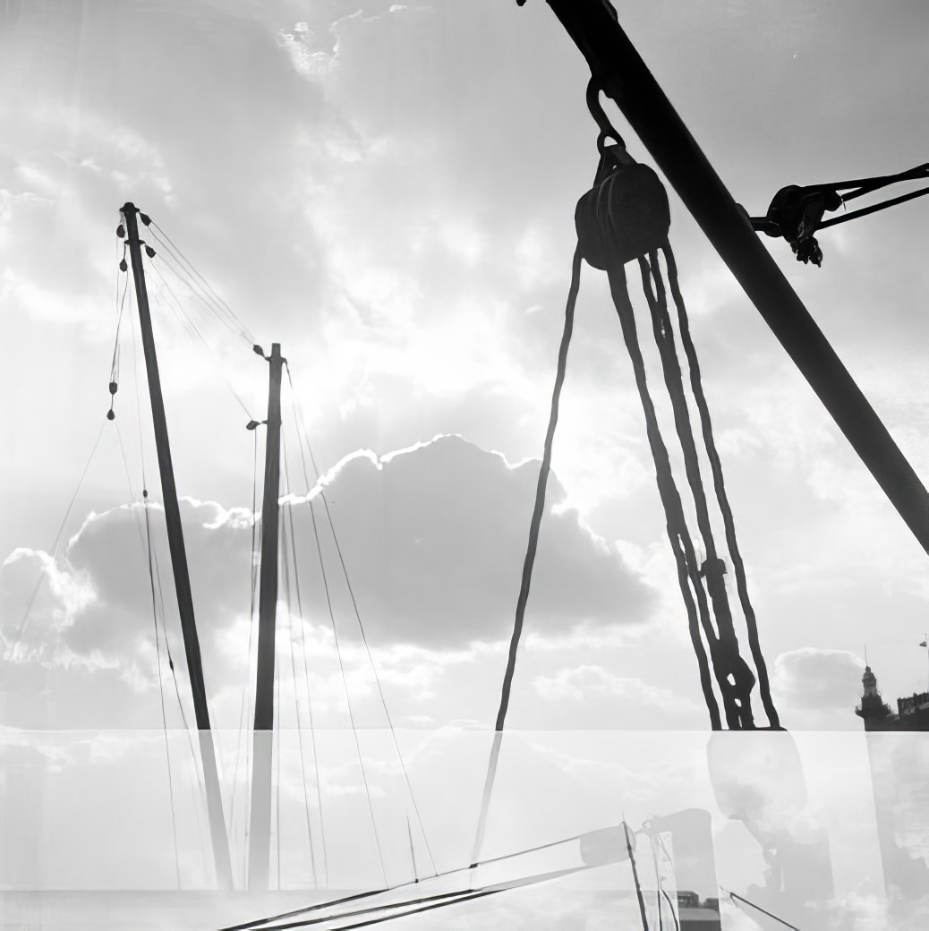 Waterfront scene with masts, 1937.