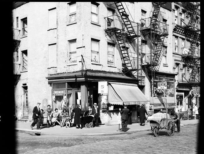 Crowded sidewalk scene, 1935.