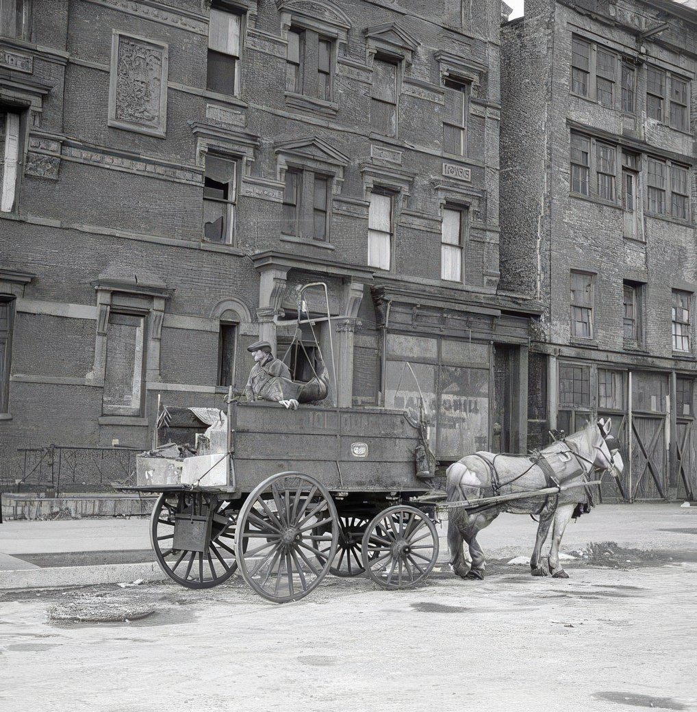 Horse-drawn wagon, circa 1935.