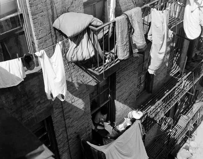 Fire escapes, bedding, and clotheslines, 1936.