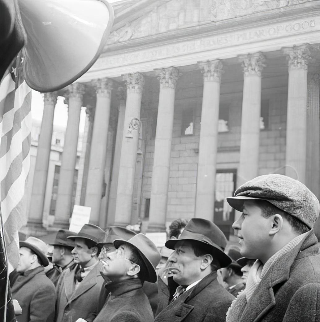 Foley Square: listening to loudspeaker, 1940.