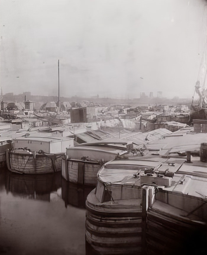 Winter Quarters of the canal boats in the East River, 1891.