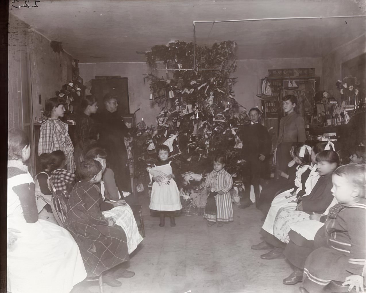 The first Christmas tree in Gotham Court, 1894.