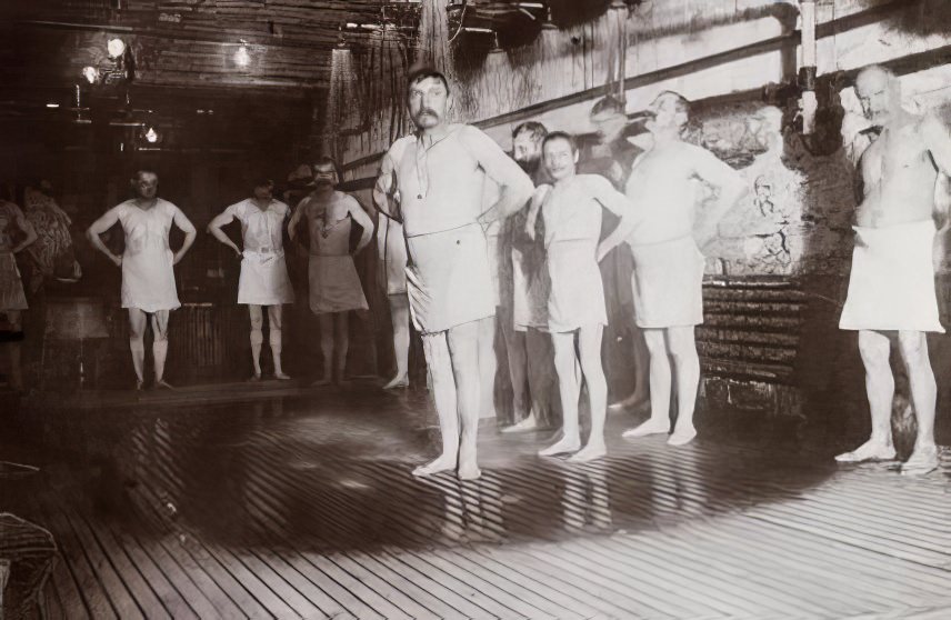 Lodgers taking a compulsory bath at the City Lodging House, 1895.