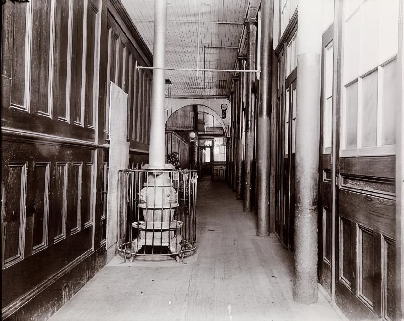 The hallway of the Essex Market School used as a playground, 1891.