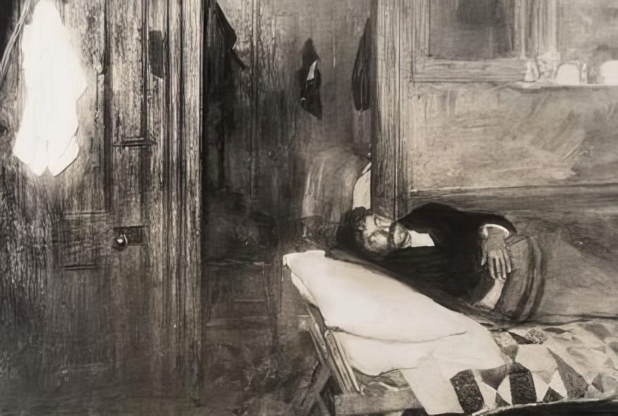 A dark bedroom where tuberculosis breeds, 1900s.