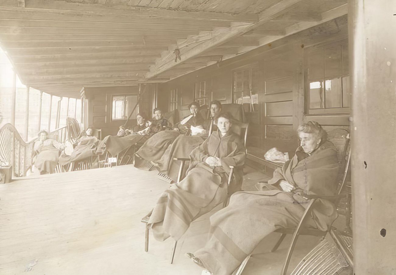 Day camp on an old ferry boat, 1895.