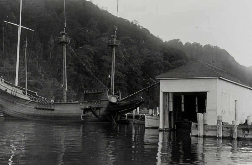 A large boat docked, 1900s.