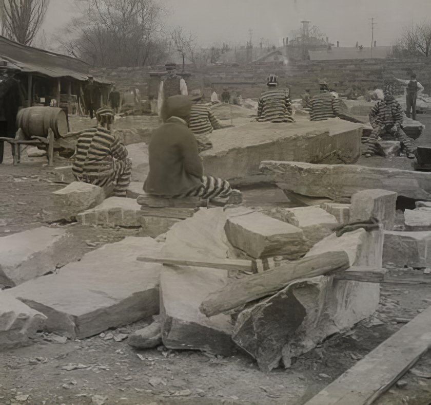 Blackwell's Island: Prisoners breaking stone, circa 1891.