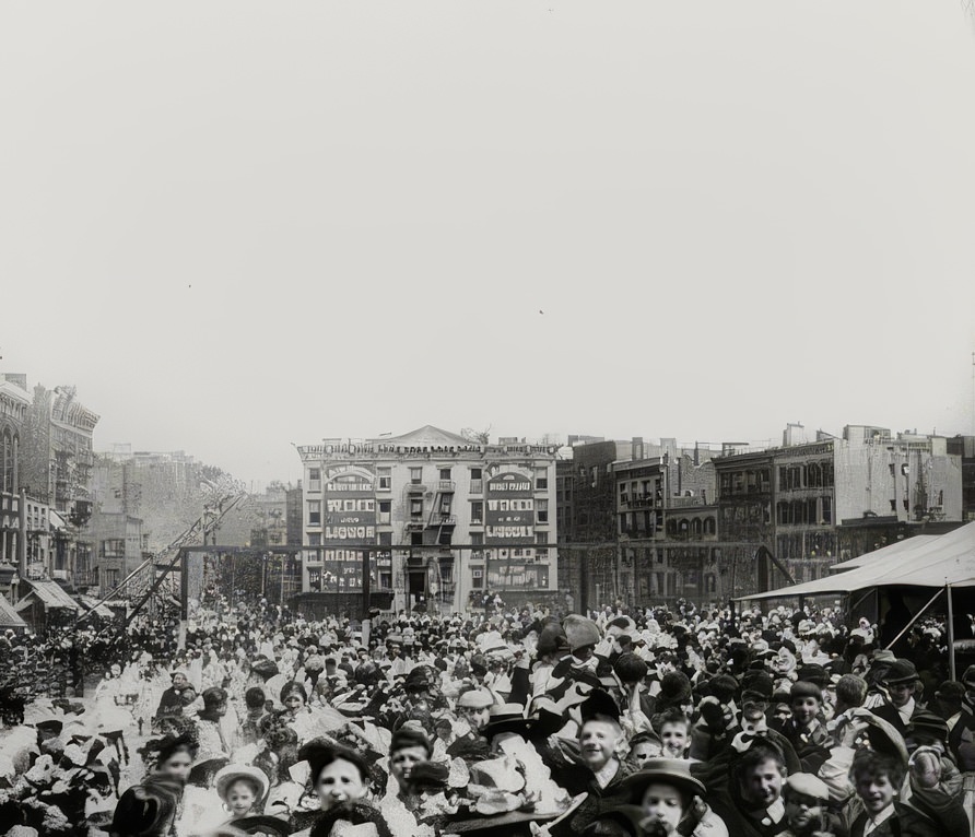 Waiting to be let into playground, circa 1891.