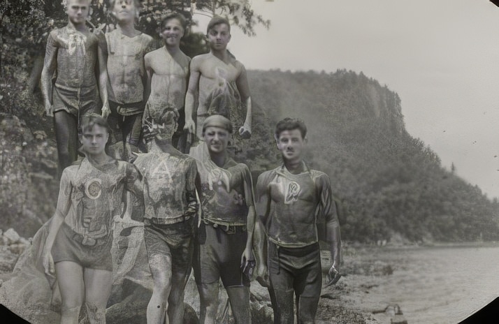 "Riis Camp," Eight boys at lake, circa 1914.