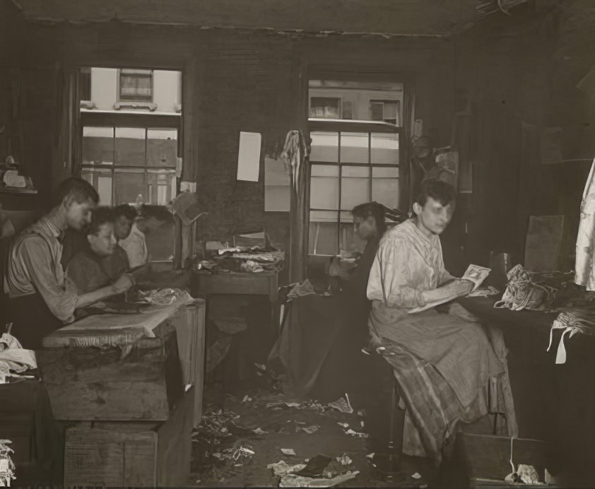 Necktie workshop in a Division Street tenement, circa 1891.