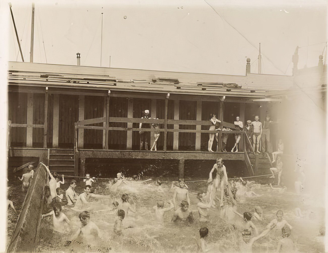 In the swimming pool - boys, circa 1895.