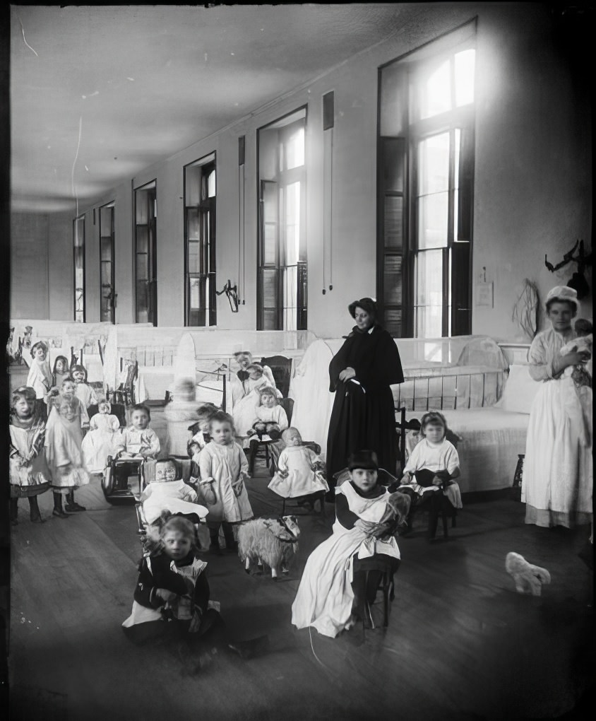 Sister Irene and the children at the New York Foundling Asylum, 1890s.