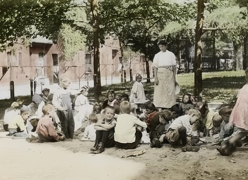 A sand pile at Riverside Buildings, Brooklyn, 1890s.