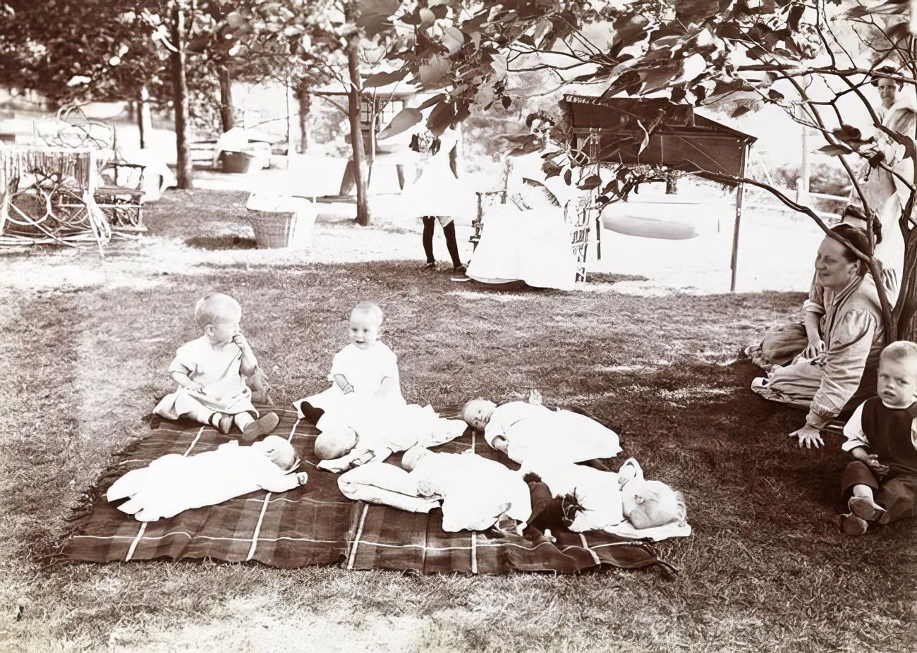 Babies resting in the shade, 1890s.