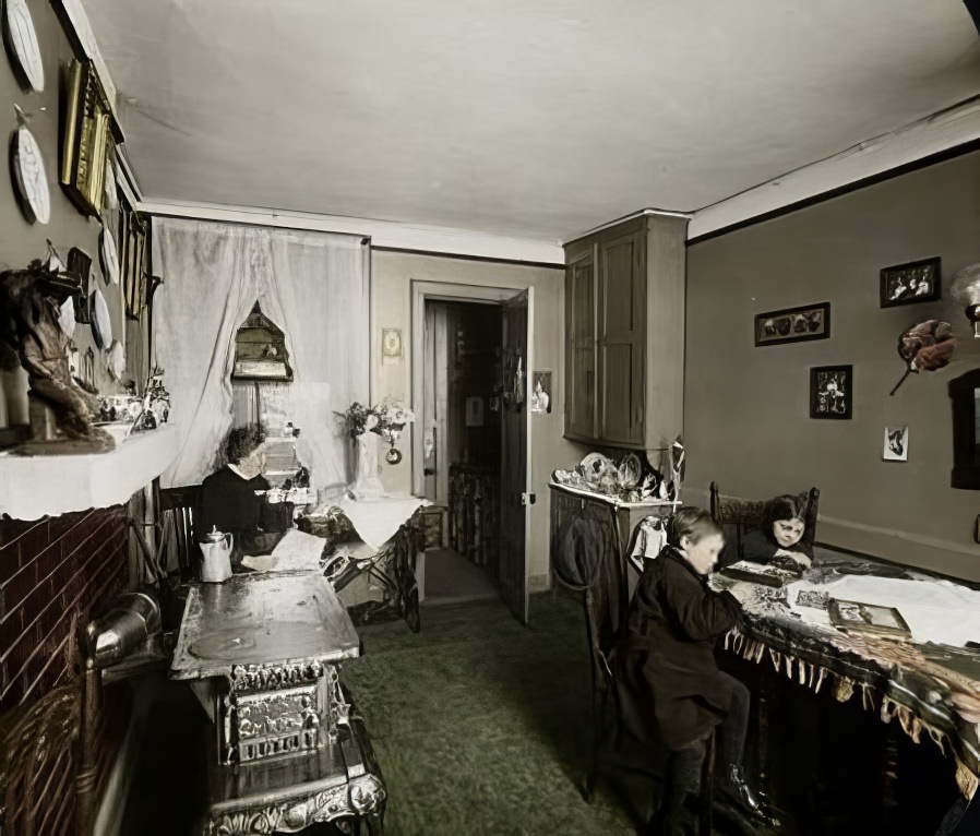 Living room in Riverside Buildings, Brooklyn, 1895.