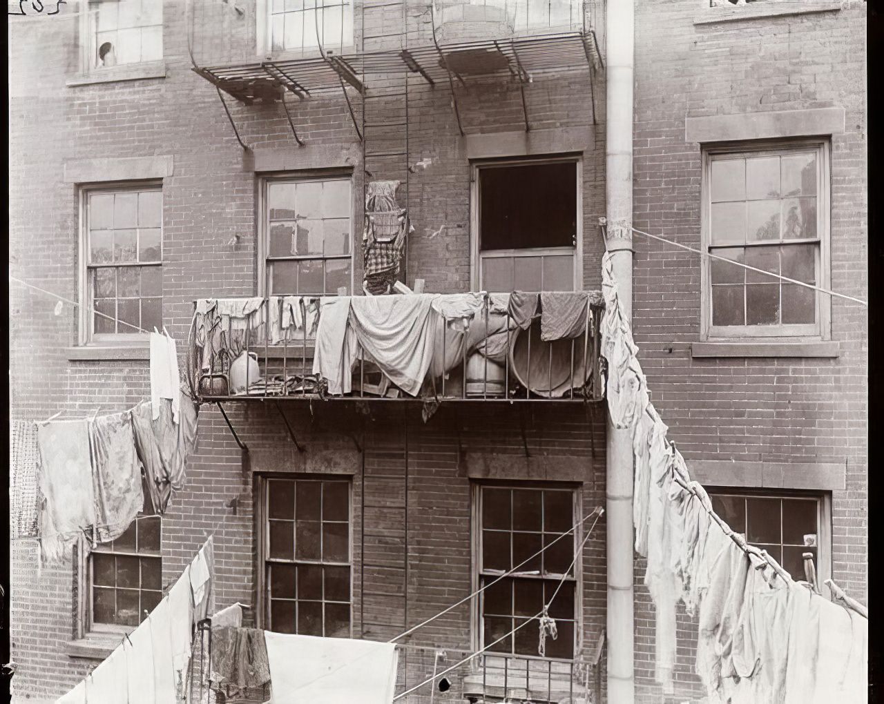 A typical tenement fire escape, 1890s.