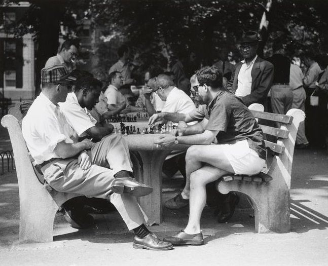 Men playing chess in Washington Square Park, 1956.