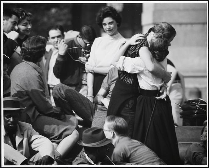 A couple embracing in Washington Square Park, 1956.