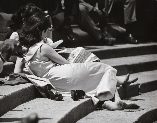 Two girls with their shoes off sitting on the fountain steps, a dog in the foreground, Washington Square Park, 1956.