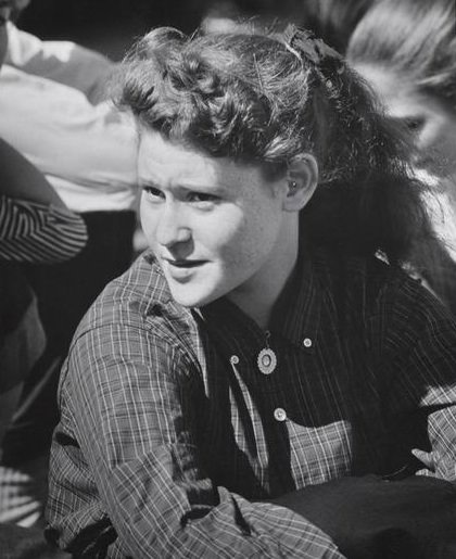 A closeup of a girl in a plaid shirt, Washington Square Park, 1956.