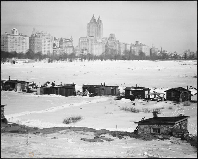 Hooverville, Central Park, northern view, Central Park West in the background, 1956.