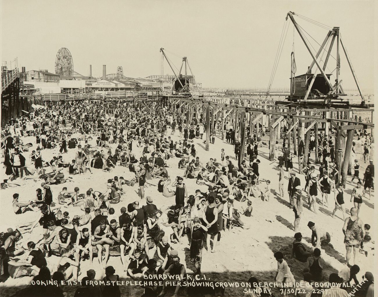 Looking East From Steeplechase Pier, Sunday Crowd on Beach Inside of Boardwalk, 1922