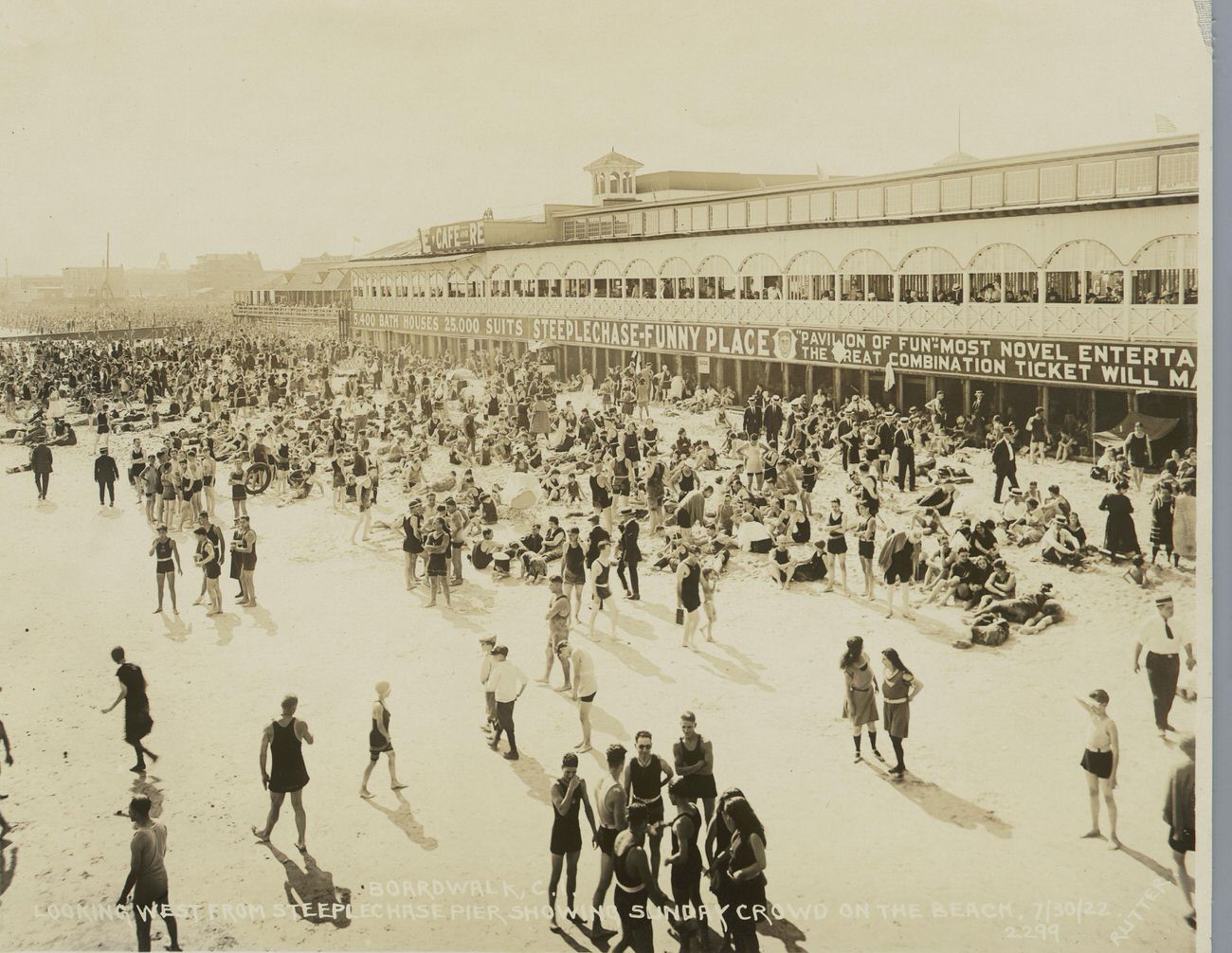 Looking West From Steeplechase Pier Showing Sunday Bathers on the Beach, 1922