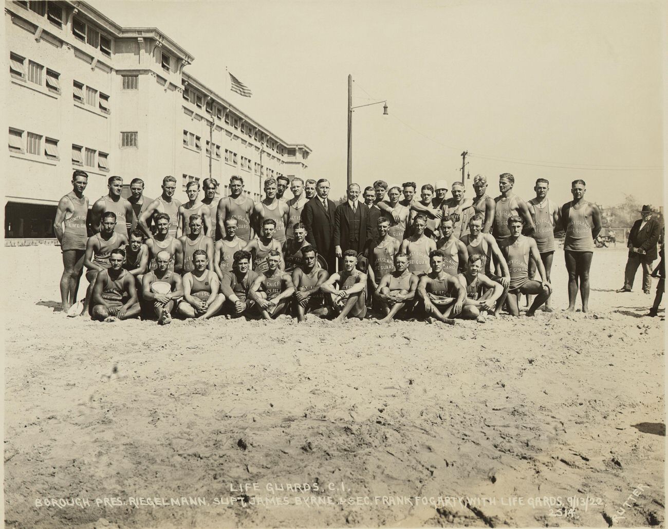 Life Guards at Coney Island, Borough President Riegelmann, Superintendent James Byrne and Secretary Frank Fogarty With Life Guards, 1922