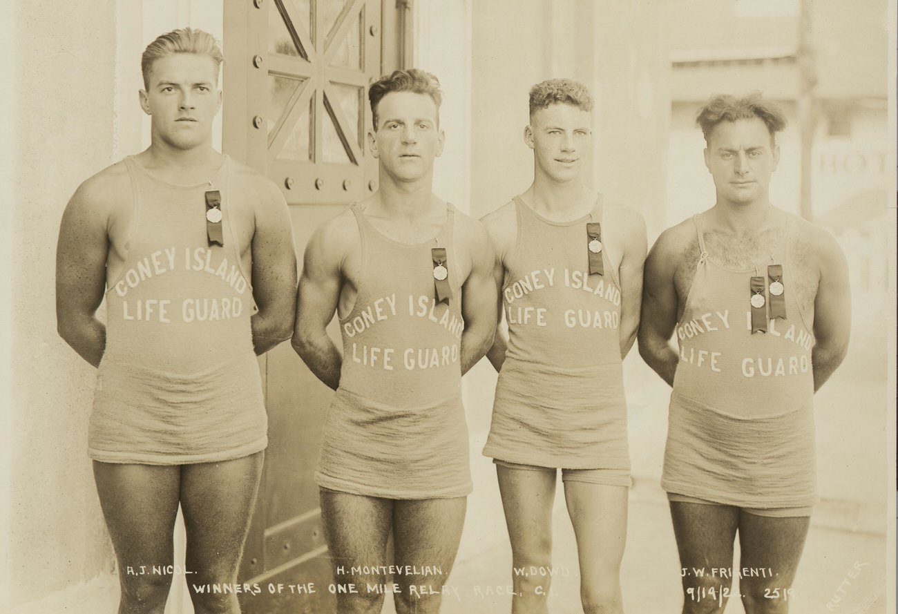 Life Guards at Coney Island, Winners of the One Mile Relay Race, A.J. Nicol, H. Montevelian, W. Dowd, J.W. Frigenti, 1922