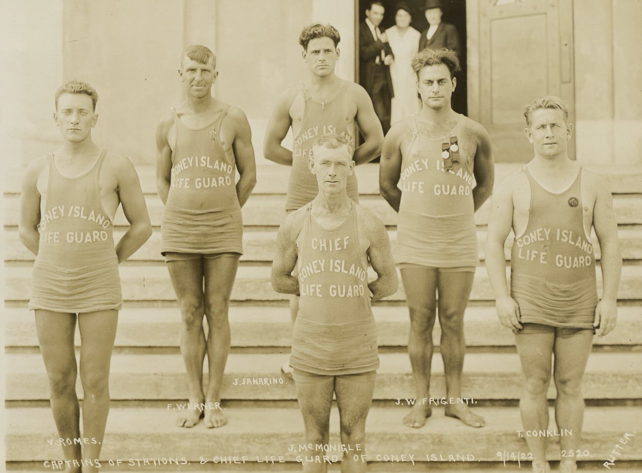 Life Guards at Coney Island, Captains of Stations and Chief Life Guard of Coney Island, V. Romos, F. Werner, J. Janarimo, J. McMonigle, J.W. Frigenti and T. Conklin, 1922