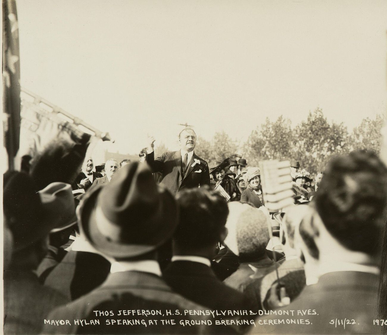 Thomas Jefferson High School, Pennsylvania and Dumont Avenues, Mayor Hylan Speaking at the Groundbreaking Ceremonies, 1922