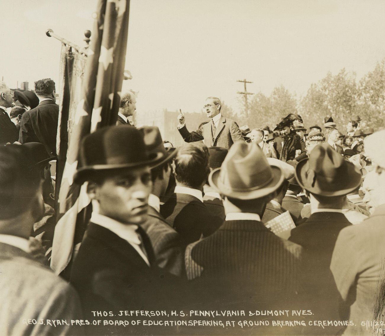 Thomas Jefferson High School, Pennsylvania and Dumont Avenues, Geo J. Ryan, President, Board of Education Speaking at the Groundbreaking Ceremonies, 1922