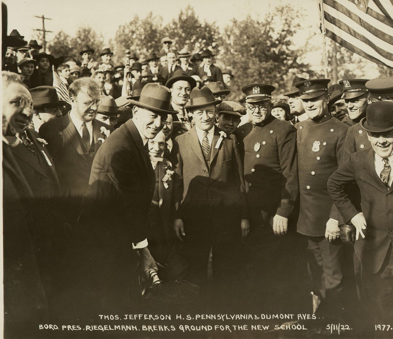 Thomas Jefferson High School, Pennsylvania and Dumont Avenues, Borough President Riegelman Breaking Ground for the New School, 1922