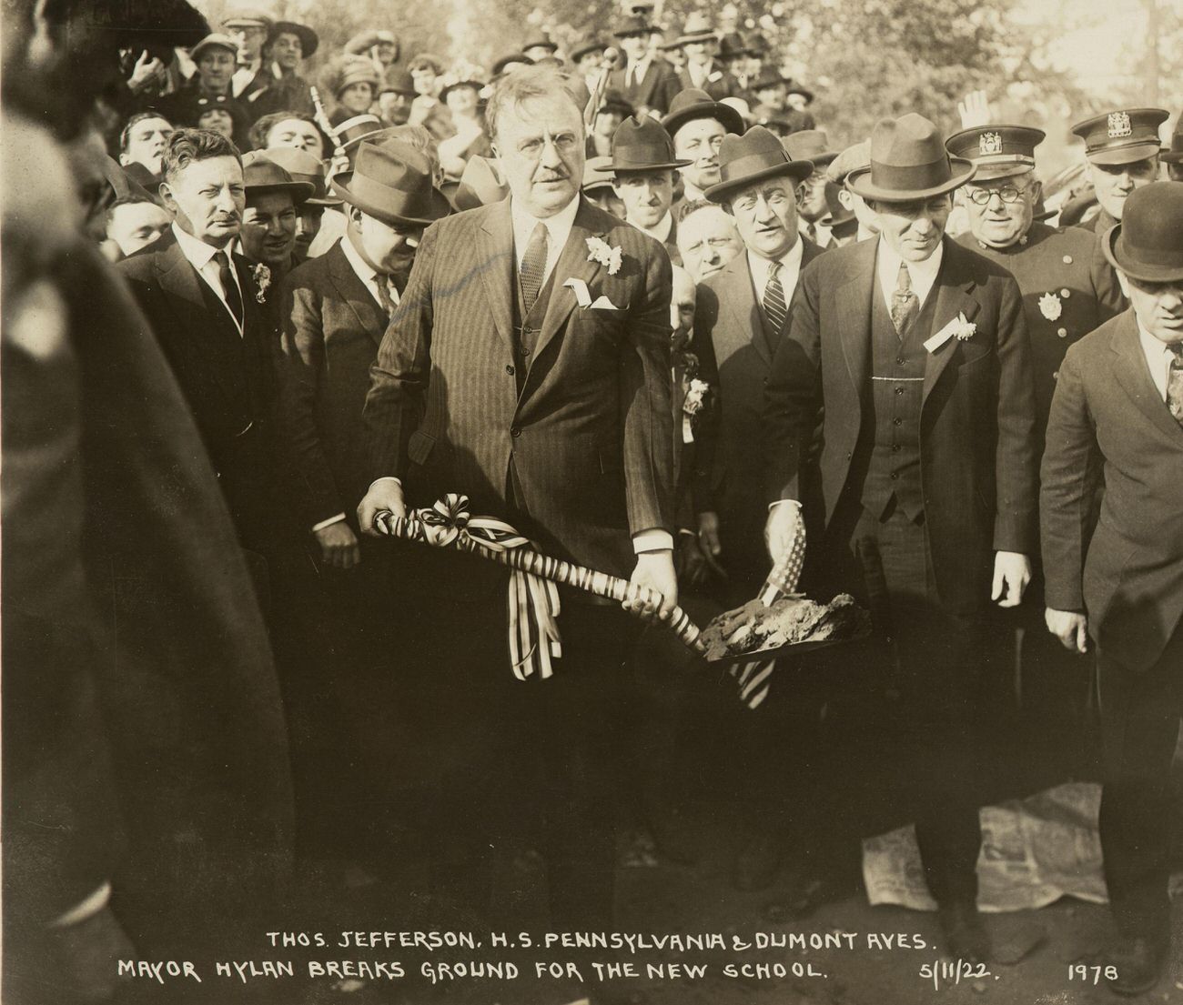 Thomas Jefferson High School, Pennsylvania and Dumont Avenues, Mayor Hylan Breaks Ground for the New School, 1922