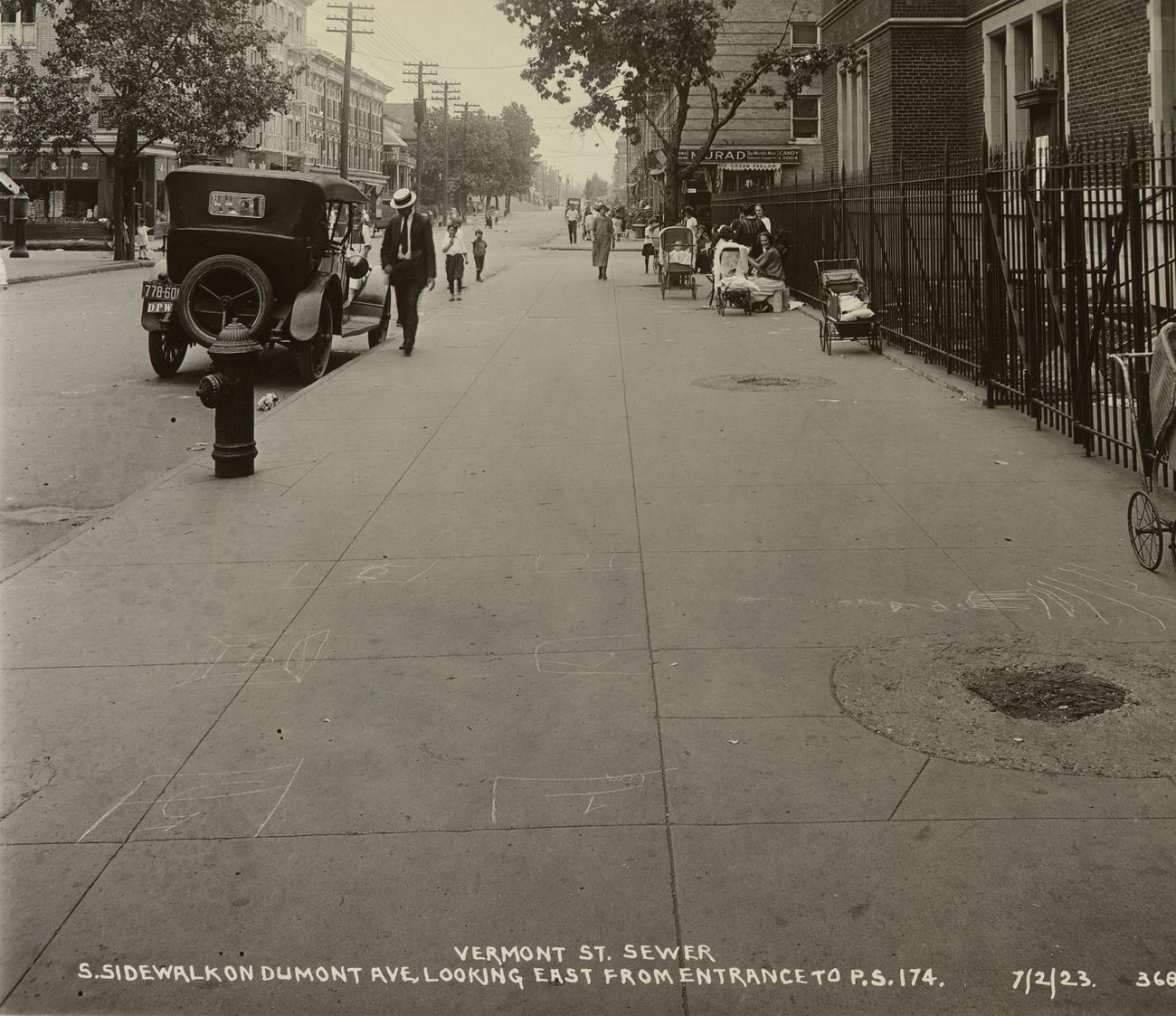 Vermont Street Sewers, South Sidewalk of Dumont Avenue, Looking East From Entrance to P.S. 174, 1923